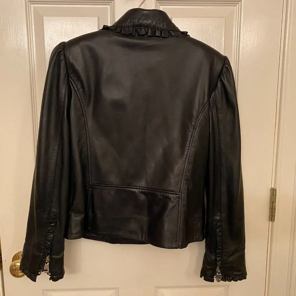 Cinq A Sept Eloise Moto Biker Leather Jacket Ruffled Trim SZ S - Picture 5 of 10